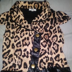 Cheetah Print Vegan Leather & Button Detail Blouse